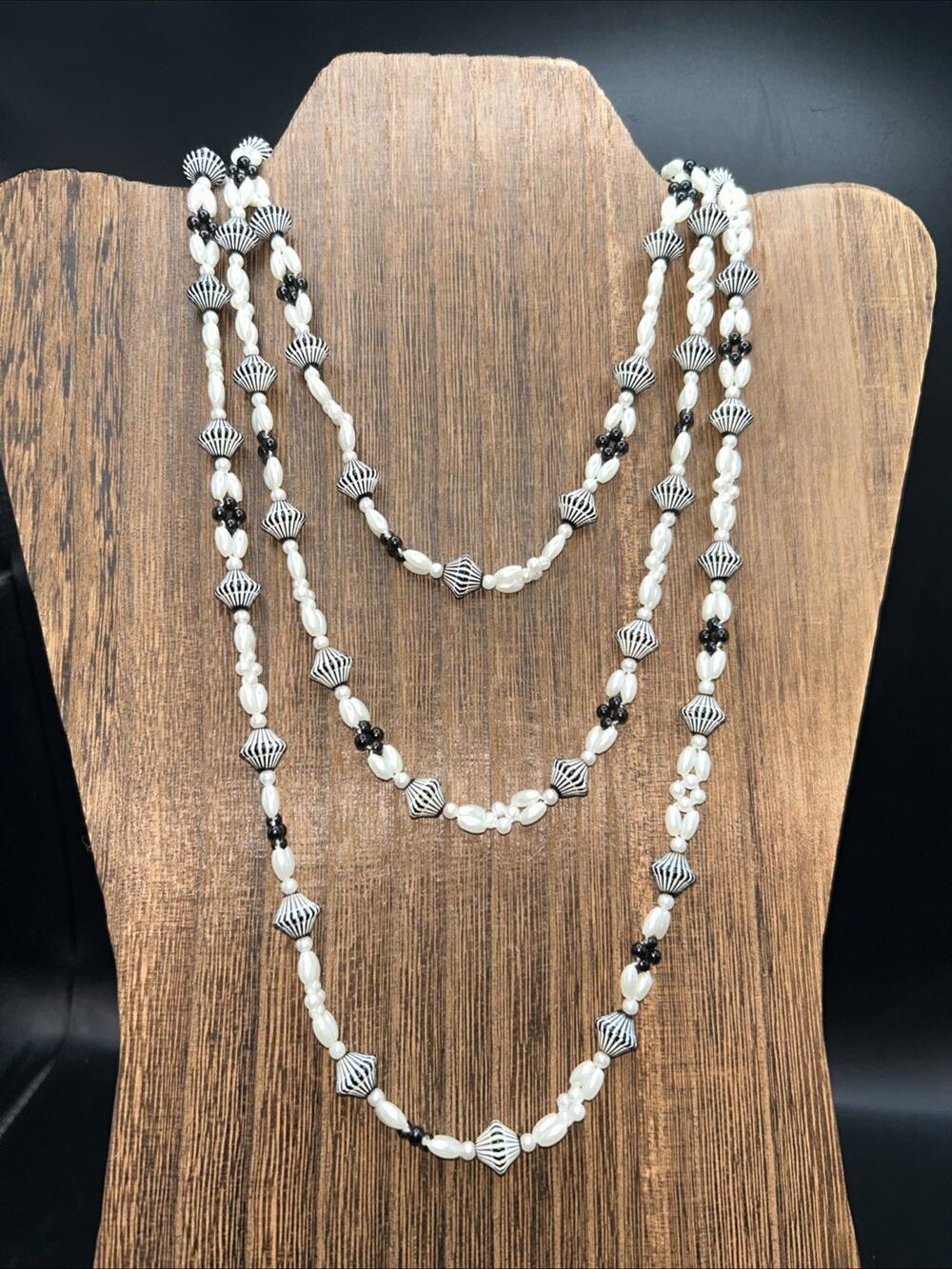 Vintage Black & White Bead Necklace Faux Pearl Shabby Chic Long 58”